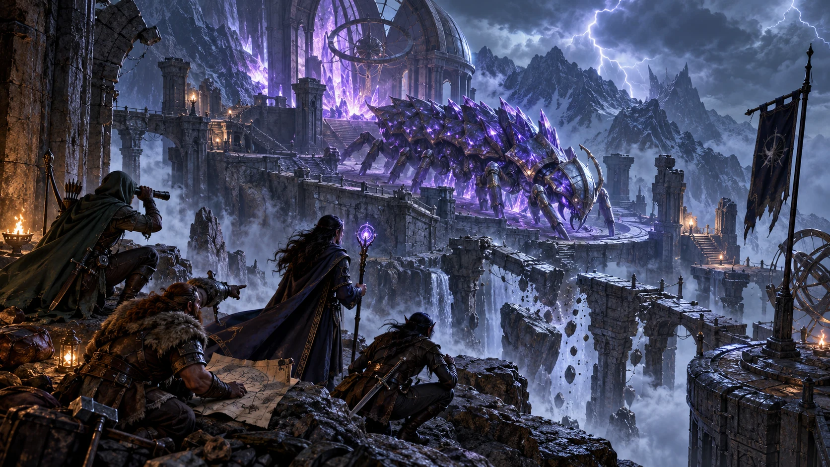 Fantasy illustration of adventurers observing a large armoured creature across a ruined mountain bridge