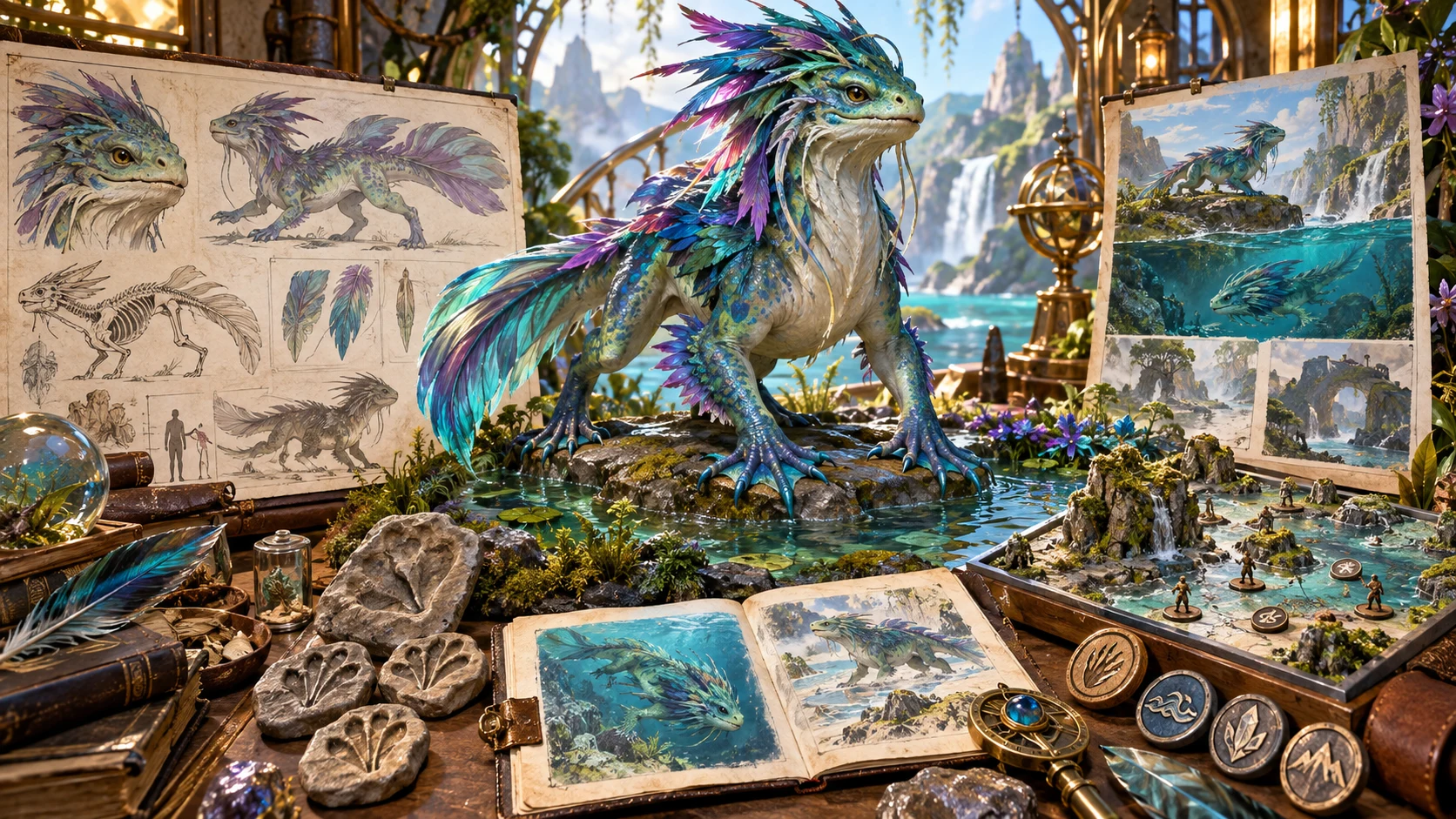 Fantasy illustration of a feathered creature with anatomy boards, habitat sketches and a water terrain model