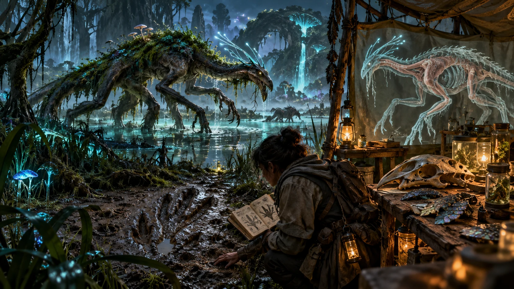 Fantasy illustration of a swamp creature beside tracks, scales, a skull and an anatomy drawing